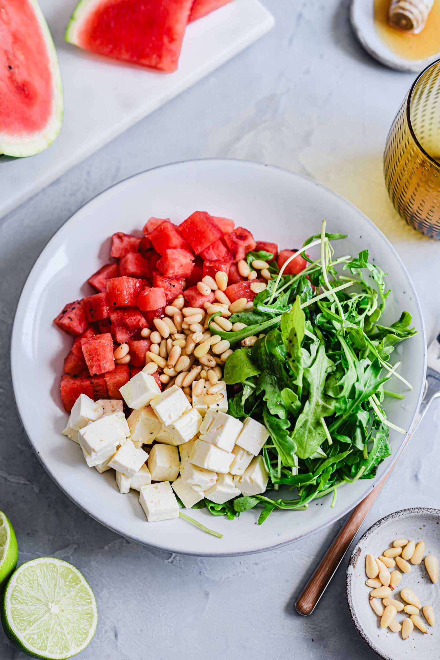 Wassermelonen Feta Salat mit Rucola